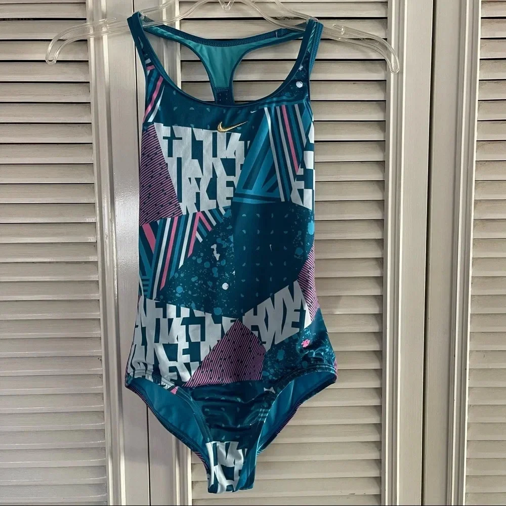 Nike Swimwear Girls Blue Mash Up Sporty Racerback One-Piece Swimsuit Sz 10-12